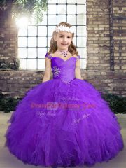 Tulle Sleeveless Floor Length Little Girls Pageant Gowns and Beading and Ruffles