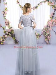 Grey Tulle Zipper Scoop Sleeveless Floor Length Quinceanera Court Dresses Lace and Belt
