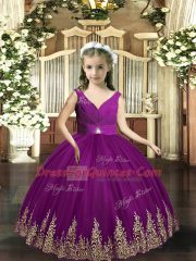 Attractive Eggplant Purple Backless Pageant Gowns For Girls Embroidery Sleeveless Floor Length