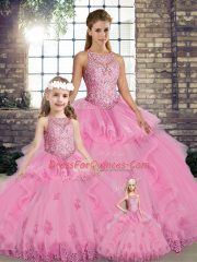 Beauteous Rose Pink Ball Gowns Tulle Scoop Sleeveless Lace and Embroidery and Ruffles Floor Length Lace Up Quinceanera Dresses