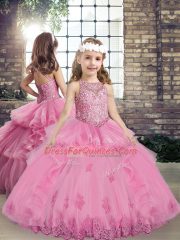 Beauteous Rose Pink Ball Gowns Tulle Scoop Sleeveless Lace and Embroidery and Ruffles Floor Length Lace Up Quinceanera Dresses