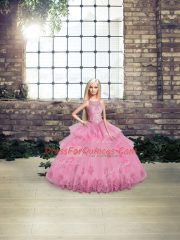 Beauteous Rose Pink Ball Gowns Tulle Scoop Sleeveless Lace and Embroidery and Ruffles Floor Length Lace Up Quinceanera Dresses