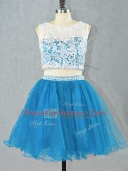 Pretty Blue Prom and Party and Military Ball with Lace Scoop Sleeveless Zipper