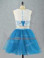 Pretty Blue Prom and Party and Military Ball with Lace Scoop Sleeveless Zipper