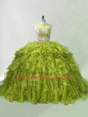 Simple Olive Green Organza Zipper Sweet 16 Quinceanera Dress Sleeveless Brush Train Beading and Ruffles