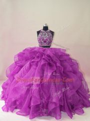 Purple Organza Backless Quinceanera Dresses Sleeveless Brush Train Beading and Ruffles
