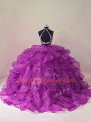 Purple Organza Backless Quinceanera Dresses Sleeveless Brush Train Beading and Ruffles