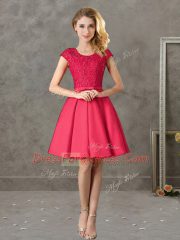 Suitable Red Scoop Neckline Lace Quinceanera Dama Dress Short Sleeves Zipper
