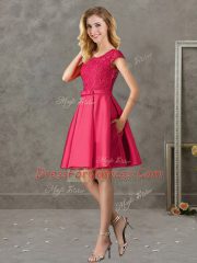 Suitable Red Scoop Neckline Lace Quinceanera Dama Dress Short Sleeves Zipper