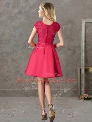 Suitable Red Scoop Neckline Lace Quinceanera Dama Dress Short Sleeves Zipper