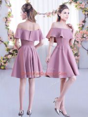 Custom Designed Pink Short Sleeves Ruching Mini Length Dama Dress