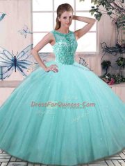 Great Aqua Blue Sleeveless Tulle Lace Up Sweet 16 Dress for Military Ball and Sweet 16 and Quinceanera