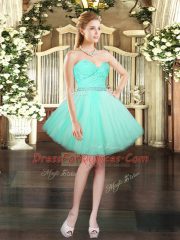 Aqua Blue A-line Tulle Sweetheart Sleeveless Beading and Lace Mini Length Lace Up Prom Evening Gown