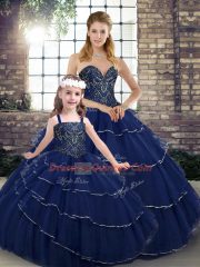 Sleeveless Beading and Ruffled Layers Lace Up Quinceanera Dress with Navy Blue Brush Train