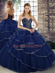 Sleeveless Beading and Ruffled Layers Lace Up Quinceanera Dress with Navy Blue Brush Train