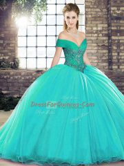Off The Shoulder Sleeveless 15 Quinceanera Dress Brush Train Beading Turquoise Organza
