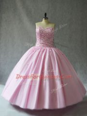 Luxury Pink Tulle Lace Up Sweetheart Sleeveless Floor Length Quinceanera Gown Beading