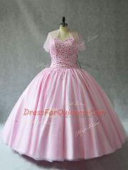 Luxury Pink Tulle Lace Up Sweetheart Sleeveless Floor Length Quinceanera Gown Beading
