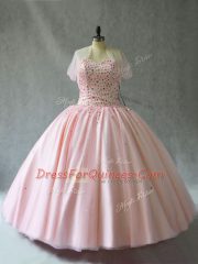 Luxury Pink Tulle Lace Up Sweetheart Sleeveless Floor Length Quinceanera Gown Beading