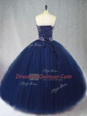 Floor Length Ball Gowns Sleeveless Navy Blue Quinceanera Gown Lace Up