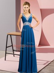 Chiffon V-neck Sleeveless Lace Up Beading Prom Party Dress in Blue