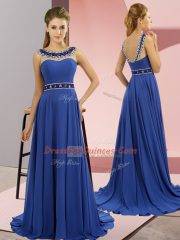 Royal Blue Chiffon Zipper Scoop Sleeveless Prom Party Dress Brush Train Beading