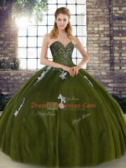 Delicate Olive Green Ball Gowns Sweetheart Sleeveless Tulle Floor Length Lace Up Beading and Appliques 15th Birthday Dress