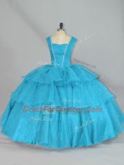 Floor Length Aqua Blue Quince Ball Gowns Organza Sleeveless Beading and Ruffled Layers