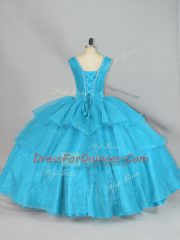 Floor Length Aqua Blue Quince Ball Gowns Organza Sleeveless Beading and Ruffled Layers