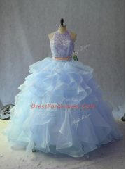 Fashionable Blue Backless Vestidos de Quinceanera Sleeveless Beading and Ruffles