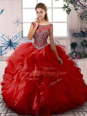 Sexy Red Zipper Scoop Beading and Ruffles Quinceanera Dresses Organza Sleeveless