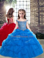 Affordable Blue Off The Shoulder Neckline Beading Girls Pageant Dresses Sleeveless Lace Up
