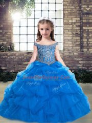 Affordable Blue Off The Shoulder Neckline Beading Girls Pageant Dresses Sleeveless Lace Up