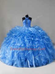 New Style Scoop Sleeveless Organza Quince Ball Gowns Beading and Ruffles Brush Train Zipper