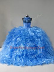 New Style Scoop Sleeveless Organza Quince Ball Gowns Beading and Ruffles Brush Train Zipper