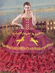 Eye-catching Burgundy Ball Gowns Embroidery and Ruffled Layers Quinceanera Gown Lace Up Satin and Organza Sleeveless