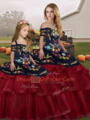 Noble Wine Red Off The Shoulder Neckline Embroidery and Ruffled Layers Ball Gown Prom Dress Sleeveless Lace Up