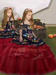 Noble Wine Red Off The Shoulder Neckline Embroidery and Ruffled Layers Ball Gown Prom Dress Sleeveless Lace Up