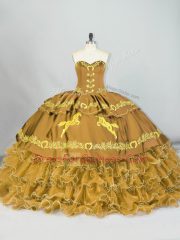 Brown Satin and Organza Lace Up Quinceanera Dresses Sleeveless Brush Train Embroidery and Ruffled Layers
