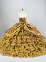 Brown Satin and Organza Lace Up Quinceanera Dresses Sleeveless Brush Train Embroidery and Ruffled Layers