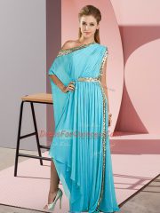 Most Popular Aqua Blue Side Zipper One Shoulder Sequins Homecoming Dress Chiffon Sleeveless