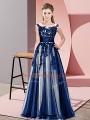 Sleeveless Floor Length Beading and Lace Zipper Dama Dress for Quinceanera with Navy Blue