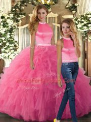 Super Hot Pink Backless Sweet 16 Quinceanera Dress Beading and Ruffles Sleeveless Floor Length