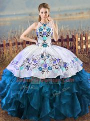 Adorable Floor Length Blue And White Sweet 16 Quinceanera Dress Organza Sleeveless Embroidery