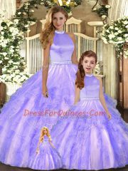 Tulle Halter Top Sleeveless Backless Beading and Ruffles Quinceanera Dress in Lavender