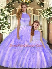Tulle Halter Top Sleeveless Backless Beading and Ruffles Quinceanera Dress in Lavender