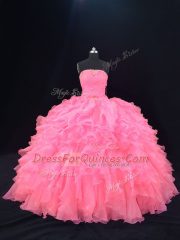 Top Selling Pink Organza Lace Up Sweet 16 Dress Sleeveless Floor Length Beading and Ruffles