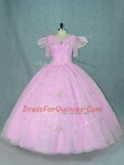 Shining Floor Length Lilac Quinceanera Gowns V-neck Short Sleeves Zipper