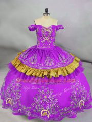 Glittering Purple Sleeveless Floor Length Embroidery Lace Up 15 Quinceanera Dress