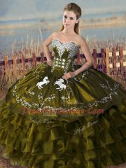 Olive Green Ball Gowns Sweetheart Sleeveless Organza Floor Length Lace Up Embroidery and Ruffles Quinceanera Gown